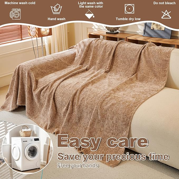 ROOMLIFE Boho Khaki Couch Cover for Dogs, Washable Non Slip Furniture Protector Couch Sofa Covers for 3 Cushion Couch, Soft Chenille Sofa Slipcovers Couch Cover Throw Blanket with Tassels 71''X150''