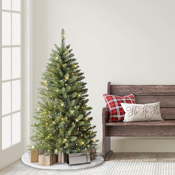 Puleo International 4.5ft Pre-Lit Slim Fraser Fir Christmas Tree with 401 Clear Lights, 150 Realistic Dense Branch Tips, Easy Setup Artificial Trees with Sturdy Metal Stand