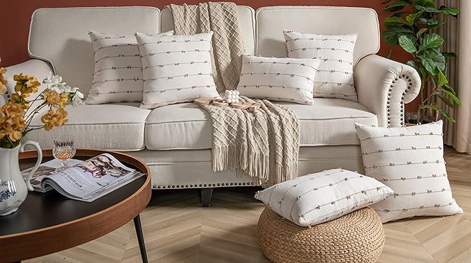 Caflife Boho Throw Pillow Covers 20x20 inches Beige and Natural Linen, Set of 2 Modern Farmhouse Decorative Pillow Covers for Couch Bed, Living Room