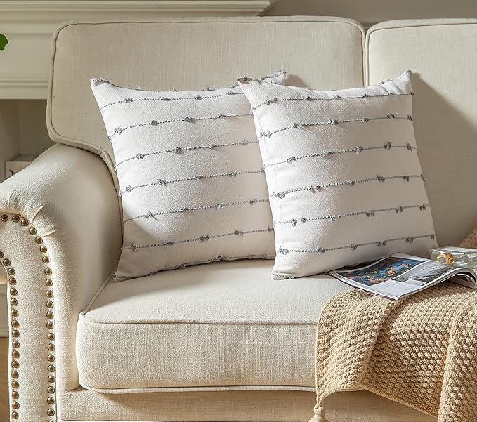 Caflife Boho Throw Pillow Covers 18x18 inches Beige and Grey, Set of 2 Modern Farmhouse Decorative Pillow Covers for Couch Bed, Living Room