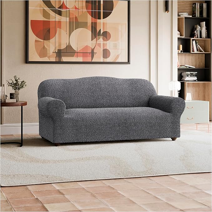 PAULATO BY GA.I.CO. Sofa Slipcover - Stretch Couch Cover - Stylish Cushion Sofa Cover - Soft Fabric Slipcover - 1-Piece Form Fit Washable Protector for Pet - Mille Righe Collection - Dark Grey