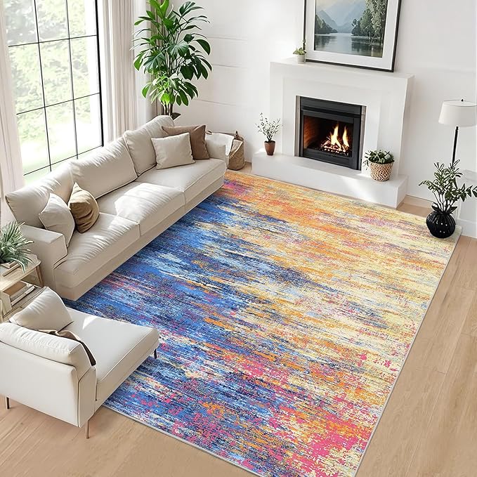 Washable Rug 5x7 Abstract Area Rug for Living Room, Non Slip Foldable Soft Rugs for Bedroom, Stain Resistant Rugs Modern Fuzzy Rug, Indoor Floor Carpet for Entryway Home, Blue/Orange