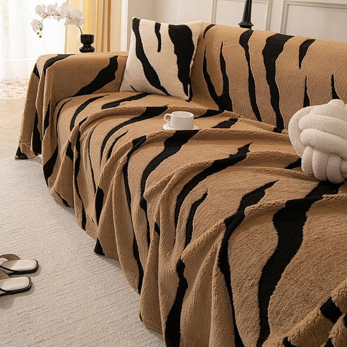 ROOMLIFE Striped Boho Khaki Couch Cover for 2-3 Cushion Sofa, Fuzzy Plush Warm Sofa Slipcovers Sectional Sofas Covers, Non Slip Washable Furniture Protector Soft with Tassel,Winter 71''X134”