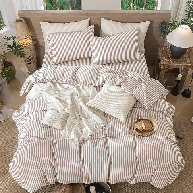MooMee Striped Duvet Cover Set 100% Washed Cotton Linen Like Textured Breathable Durable Soft Comfy (Orange Classic Stripes, Palatial King/Oversized King 120"x98")