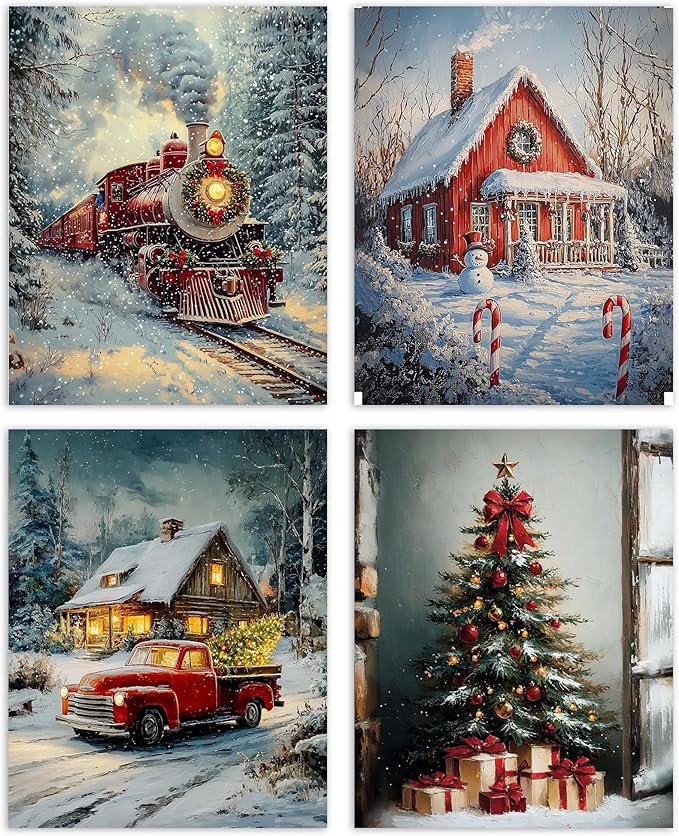 AEHIE Vintage Winter Xmas Tree Wall Art Poster Prints for Home Living Room, Vintage Xmas Holiday Poster Prints, moody christmas Pictures with Winter Snowy Forest Scene Wall Art Unframed 4pcs 8x10inch