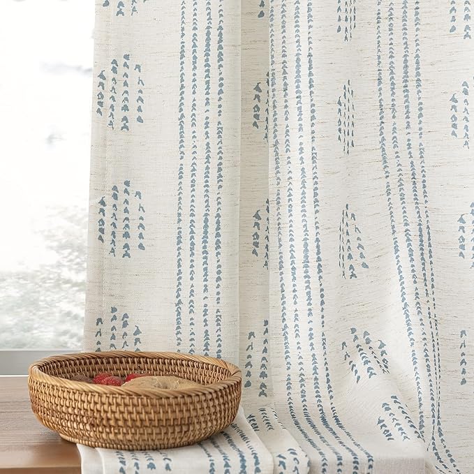 Boho Linen Curtains for Bedroom Living Room Blue Farmhouse Boho Curtains 96 Inches Long Geometric Striped Patterned Mudcloth Grommet Top Light Filtering Window Drapes 2 Panels Blue on Beige