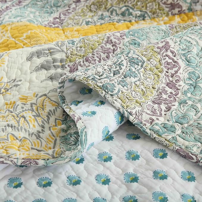 DURLENGEN Botanical Yellow 100% Cotton Queen Quilt 3Pcs,Bohemian Patchwork Leaves Pattern on White, Luxury Lightweight Coverlet Sets for All Season(Queen 90x96,Botanical Yellow)