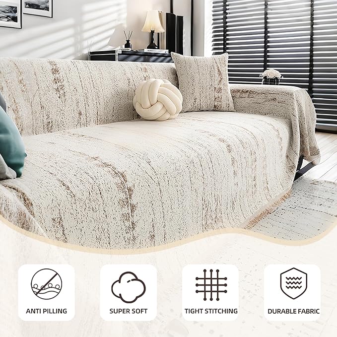 Couch Cover for 2-3 Cushion Couch, Reversible Boho Couch Covers Chenille Sofa Slipcover, Comfortable- Machine Washable, Soft Sofa Furniture Protector for Pets and Kids, 71''x118'', Khaki