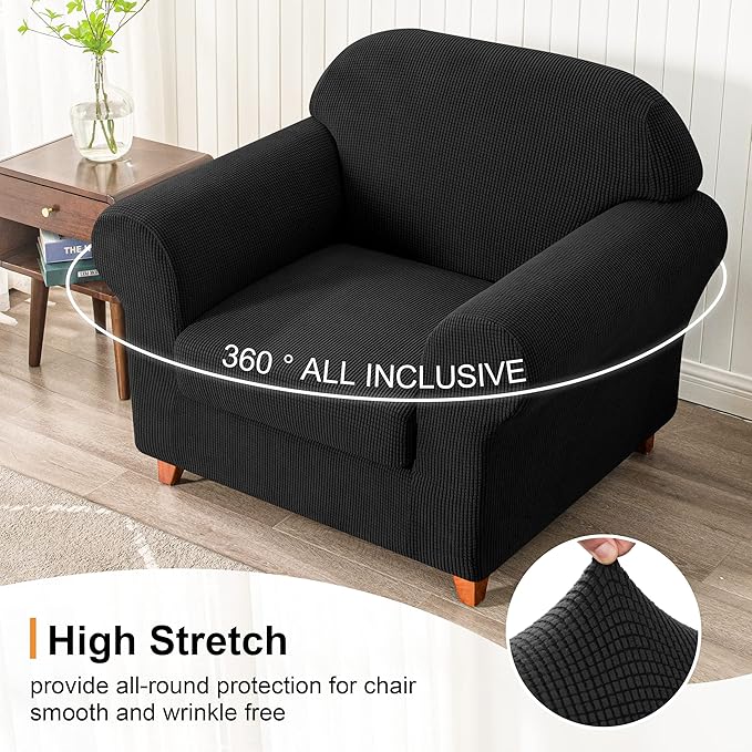 SUBRTEX Stretch Armchair Sofa Slipcover 2 Piece Sofa Cover 1 Seater Soft Couch Slipcover Washable Furniture Covers, Jacquard Fabric Armchair Checks(Black,Armchair)