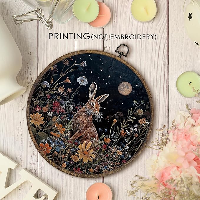KFXHANGD Vintage Witchy Bunny Round Wall Art Framed, Dark Cottagecore Rabbit Botanical Canvas Wall Art Decor, Farmhouse Bunny Floral Hanging Decor for Bathroom Bedroom Living Room, 10x10inch