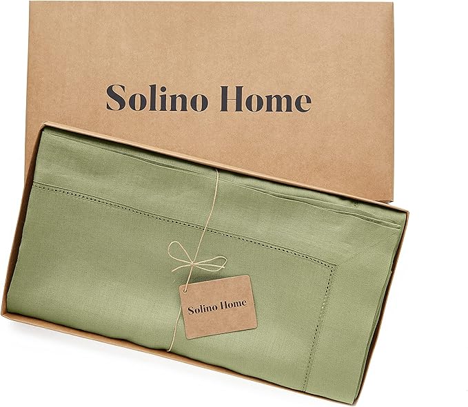 Solino Home Linen Moss Green Tablecloth 60 x 108 Inch - Classic Hemstitch, 100% Pure Linen Rectangular Tablecloth - Machine Washable Table Cloth for Fall, Autumn, Thanksgiving, Winter