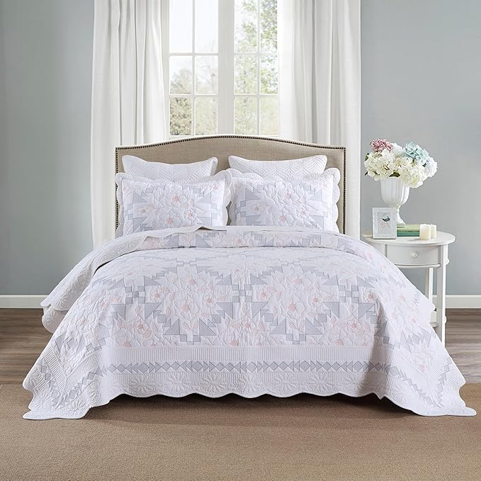 MarCielo 3-Piece 100% Cotton Oversized Bedspread Lightweight Quilt Coverlet Embroidery Farmhouse Bedding Set (TC Colorful White, Oversized Queen (100"x106"))