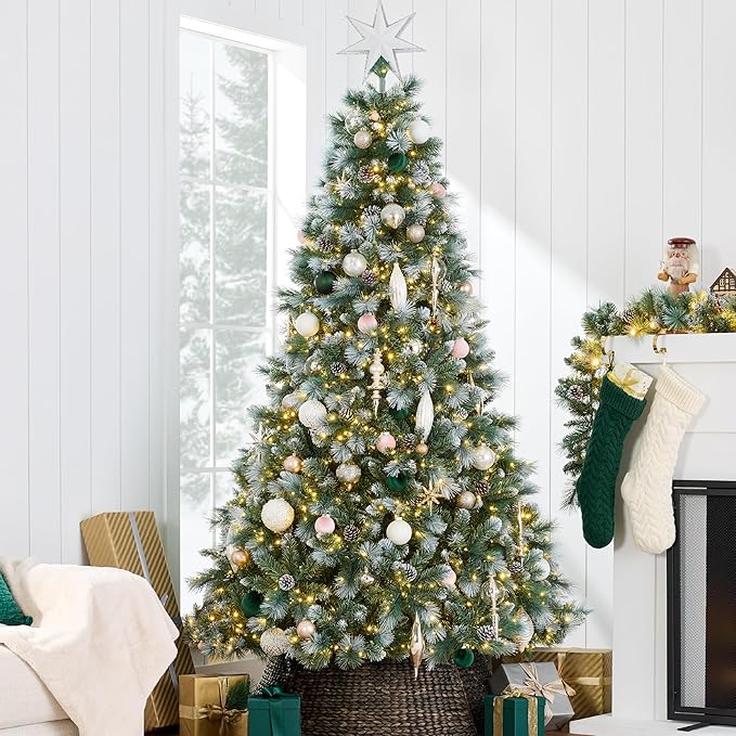 Best Choice Products Full Scotch Pine Christmas Tree, 7.5ft Pre-Lit Frosted Holiday Decor w/ 1,500 Twinkling Micro LED Lights, 2-in-1 White & Multicolor