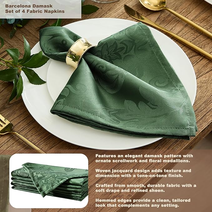 Newbridge Barcelona Damask Fabric Tablecloth, 60 x 144 Inch Rectangle, Hunter Green – No Iron, Soil Resistant Table Cover for Dining, Parties and Holidays
