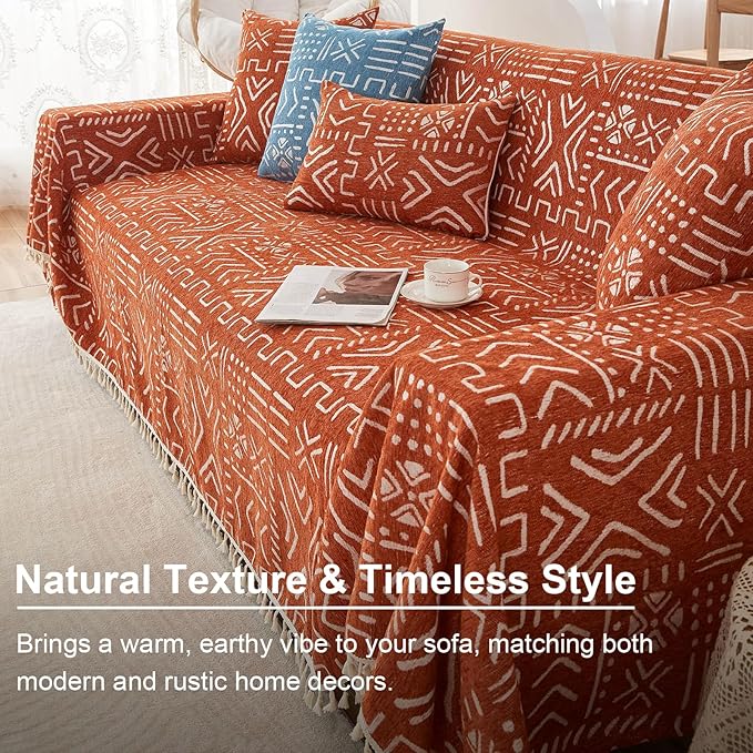 VClife Couch Cover for Sectional Sofa, Japanese Sofa Cover with Tassel, Soft Chenille Boho Couch Covers for 3 Cushion Couch Sofa Washable White Caramel Sofa Slipcover for Living Room 71"x 134"