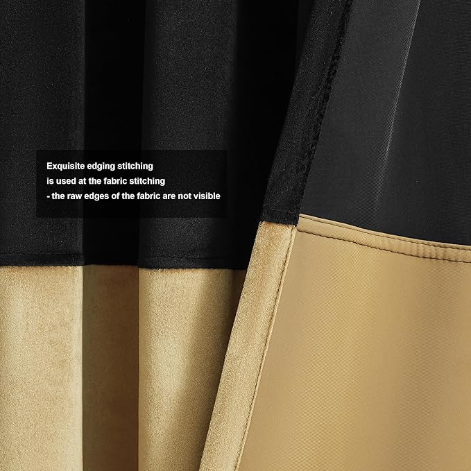 Velvet Curtains 90 inches Long for Living Room Blak Gold,2 Panels Blackout Curtains Modern Color Block Back Tab Rod Pocket Soundproof Drapes for Bedroom Window Decor