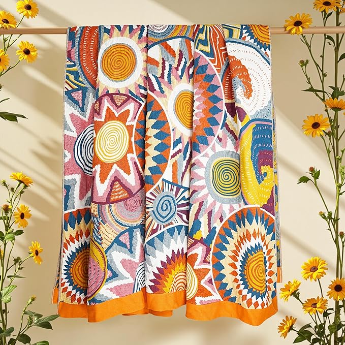 Boho Throw Blanket, 100% Organic Muslin Cotton Skin-friendly Breathable Ultra Soft Bed Quilt Throw - All Season Bohemian Decor Luxury Colorful Blanket for Sofa Couch Chair and Gift. 91" x 98"