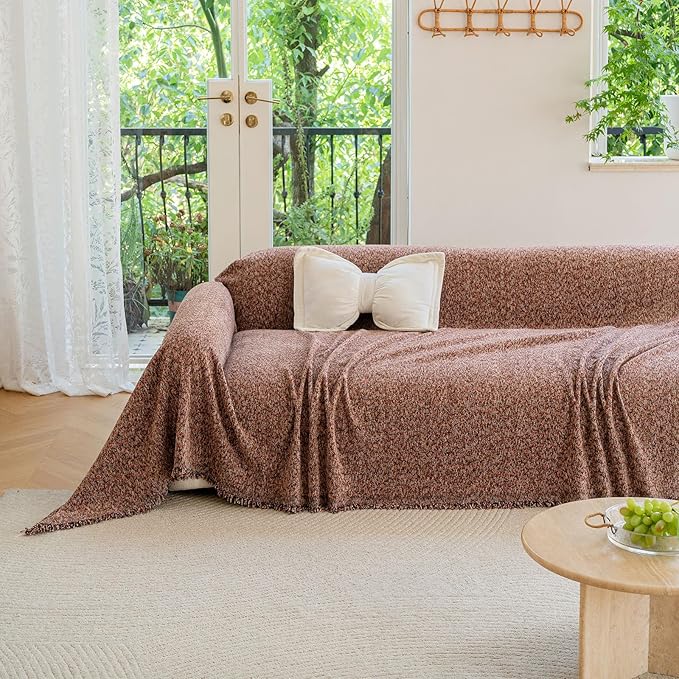 ROOMLIFE Pink Couch Cover for 3 Cushion Sofa, Chenille Sofa Couches Slipcover Sectional Sofas Covers with Tassel, Washable Soft Breathable Furniture Protector Cover for Living Room, 71 '' X 118''
