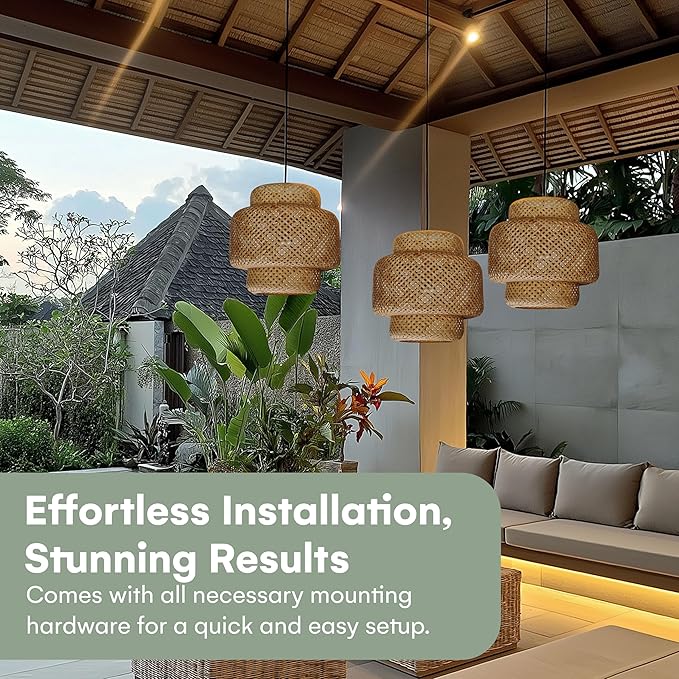 Hand Woven Rattan Lamp Shade - Bamboo Pendant Lights - Elegant Hanging Light Chandelier - Natural Boho Lighting Fixture - Dome Lamp Shade for Kitchen Island, Dining and Living Room - 14.96x15.71''