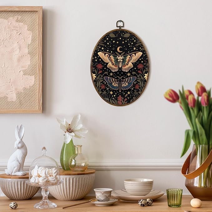 KFXHANGD Witchy Butterfly Moth Oval Wall Art Framed, Gothic Wall Art, Boho Vintage Butterfly Canvas Wall Art Decor, Gothic Lunar Moth Hanging Wall Decor for Bedroom Living Room, 8.7x11.3 Inch