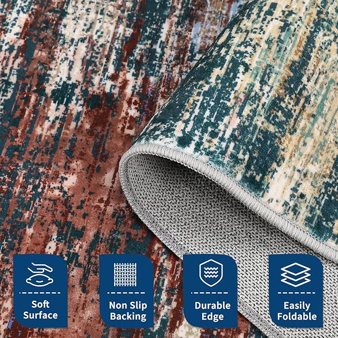 Modern Abstract Area Rug 4x6 Washable Rug for Living Room, Ultra Soft Rug for Bedroom, Non Slip Indoor Floor Carpet, Stain Resistant Rugs for Home Decor Office, Red Multi
