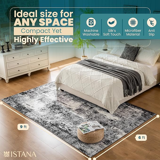 Istana 6x9 Area Rug - Grey Black Rugs for Living Room 6x9 - Foldable Boho Rugs for Bedroom - Stain Resistant Washable Rug - Eco-Friendly Area Rugs - Easy to Clean Living Room Rug