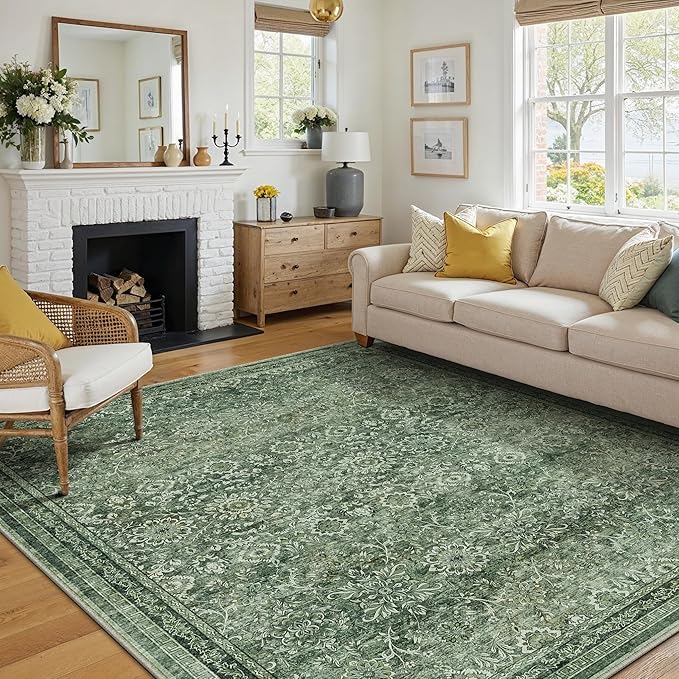 8x10 Vintage Area Rug Green Washable Living Room Large Non Slip Carpet Bedroom Indoor Office Low Pile Traditional Distressed Retro Floral Accent Rug for Dining Room