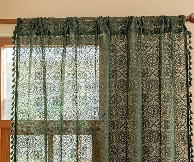 YJ YANJUN Lace Bohemian Curtains Boho Green Sheer Curtains 96 inches Long 2 Panels Old Fashion Crocheted for Living Room Spring Tassels Curtains Light Filtering Farmhouse Drapes 59" W x 96" L