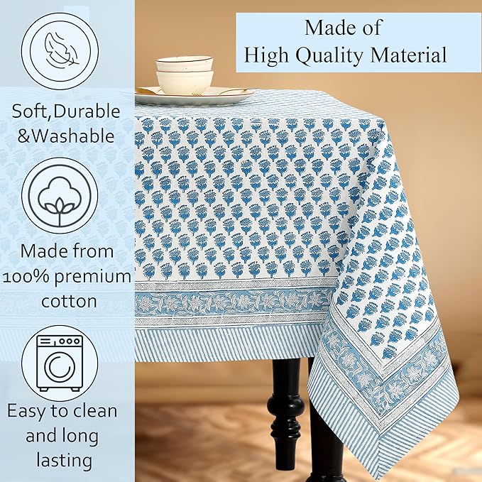 CPC Tablecloth 100% Cotton 72x160 Inch Indian Block Print Rectangle Table Cover, Blue Table Cloth for Weddings, Spring/Summer, Barbeque - Apatite Blue