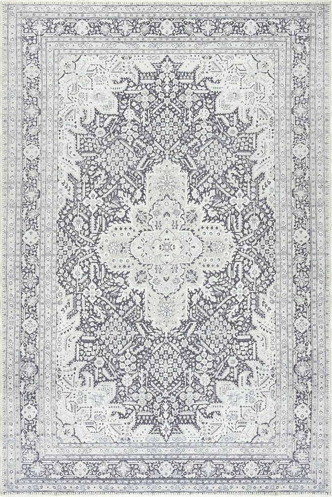 Bloom Rugs Washable Non-Slip 6' x 9' Rug - Charcoal Blue Traditional Medallion Area Rug for Living Room, Bedroom, Dining Room, and Kitchen - Exact Size: 6' x 9'