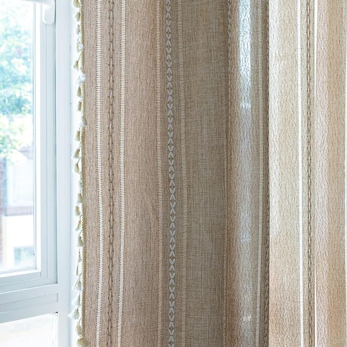 Sutuo Home Boho Curtains for Bedroom Living Room 72 Inch Length, Light Filtering French Country Farmhouse Vintage Shabby Chic Tassels Hollow Window Treatment Bohemian Drape 1 Panel 52"W x 72"L Natural