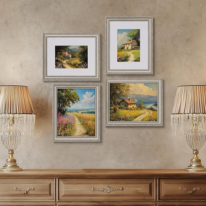 eletecpro 8x10 Picture Frames Set of 2, Vintage Photo Frame with Glass, Frames 8 x 10 Display 5x7 Photo with Mat or 8x10 without Mat for Tabletop or Wall Decor, Silver Beige