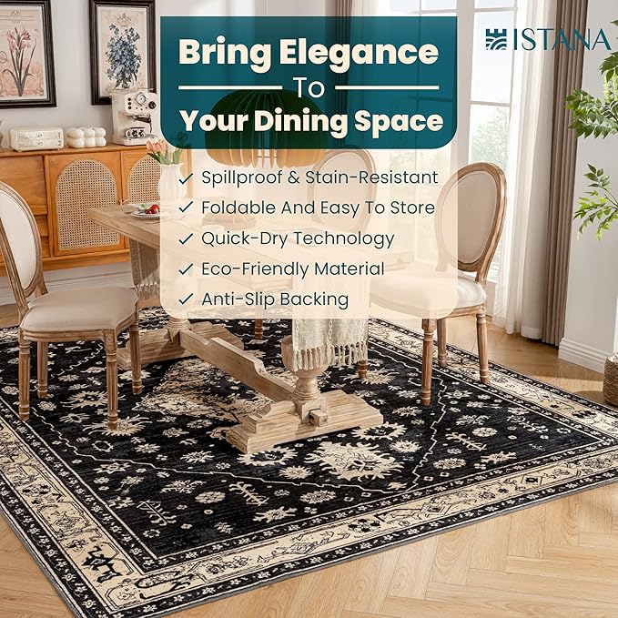 Istana 8x10 Area Rug - Black 8x10 Rugs for Living Room - Foldable Rugs for Bedroom - Stain Resistant Washable Rug - Eco-Friendly Area Rugs - Easy to Clean Living Room Rug