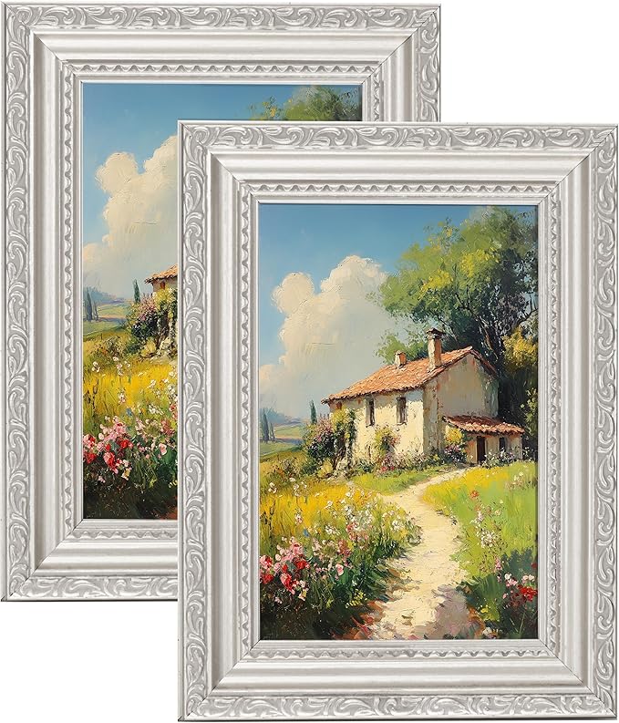 eletecpro 4x6 Picture Frames Set of 2, Vintage Photo Frames with Glass, Display 3.5x5 Photo with Mat or 4x6 without Mat for Tabletop or Wall Decor, Silver Beige
