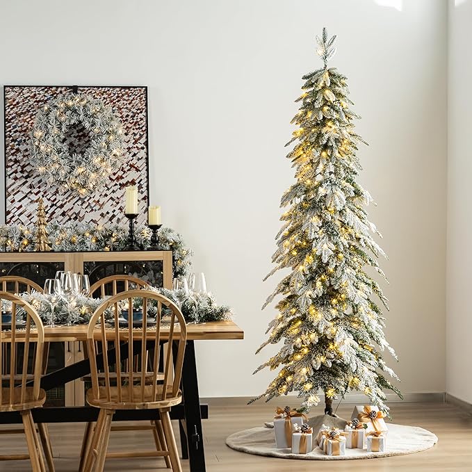 Glitzhome 7.5ft Prelit Christmas Tree, Artificial Christmas Tree with 350 Warm White Lights, Flocked Pencil Christmas Trees Chicago Frostwood Spruce with 1211 PE&PVC Branch Tips,Sturdy Metal Stand