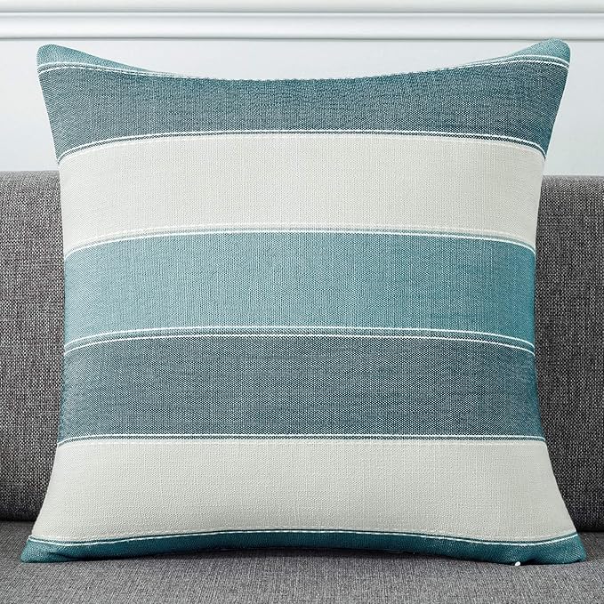 AmHoo Pack of 2 Farmhouse Stripe Check Throw Pillow Covers Set Case Cotton Linen Decorative Pillowcases Cushion Cover for Couch Bench Sofa 16x16Inch Teal Blue