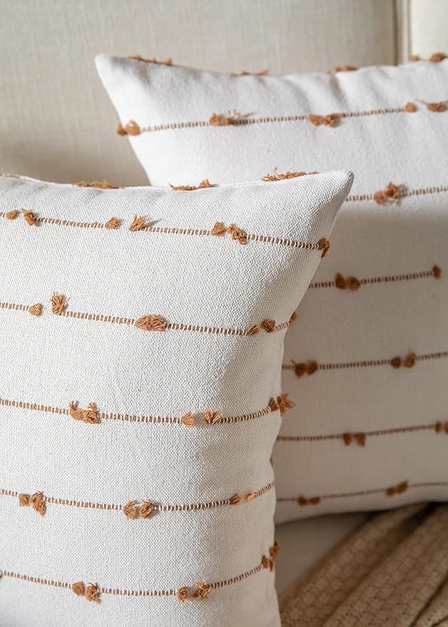 Caflife Boho Throw Pillow Covers 22x22 inches Beige and Brown, Set of 2 Modern Farmhouse Decorative Pillow Covers for Couch Bed, Living Room