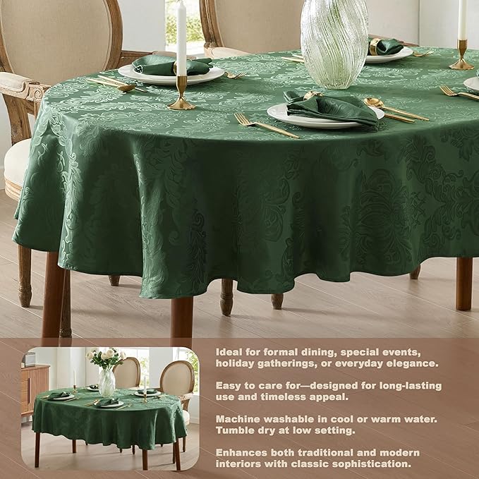 Newbridge Barcelona Damask Fabric Tablecloth, 60 x 84 Inch Oval, Hunter Green – No Iron, Soil Resistant Table Cover for Dining, Parties and Holidays