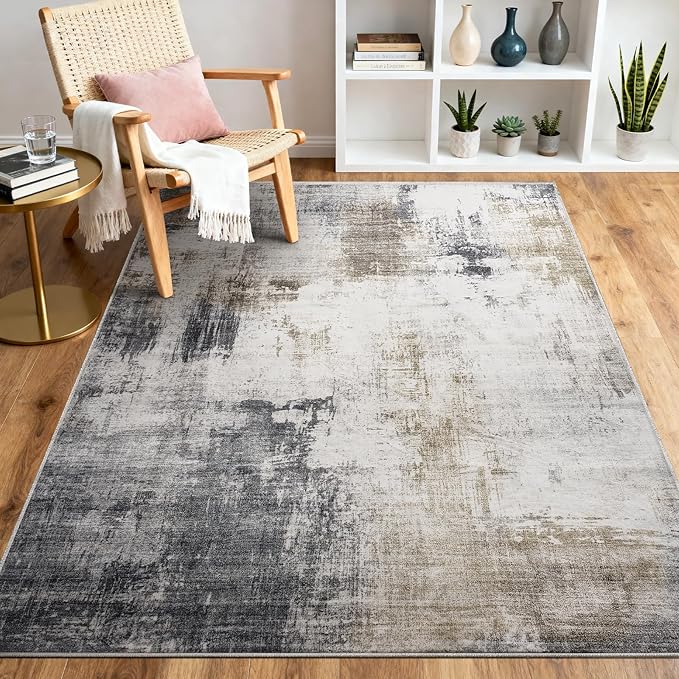 Area Rug 5x7 Living Room Rugs, Modern Abstract Washable Rug，Non-Slip Stain Resistant Carpet for Entryway Bedroom Dining Room Farmhouse Nursery Home Office- Gray Gold