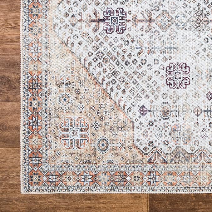 Bloom Rugs Washable Non-Slip 7 ft Runner - Sand/Orange/Purple Traditional Medallion Runner for Entryway, Hallway, Bathroom, and Kitchen - Exact Size: 2.5' x 7'