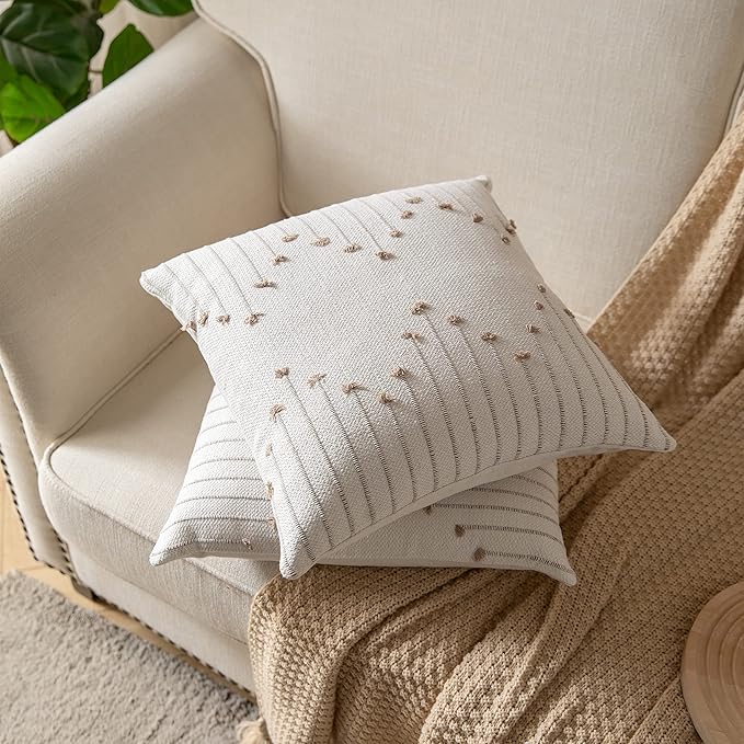 Caflife Boho Throw Pillow Covers 20x20 Set of 2 Decorative Pillows for Bed, Neutral Pillow Covers Beige with Tan Line Throw Pillows for Modern Farmhouse Couch Sofa Living Room Outdoor