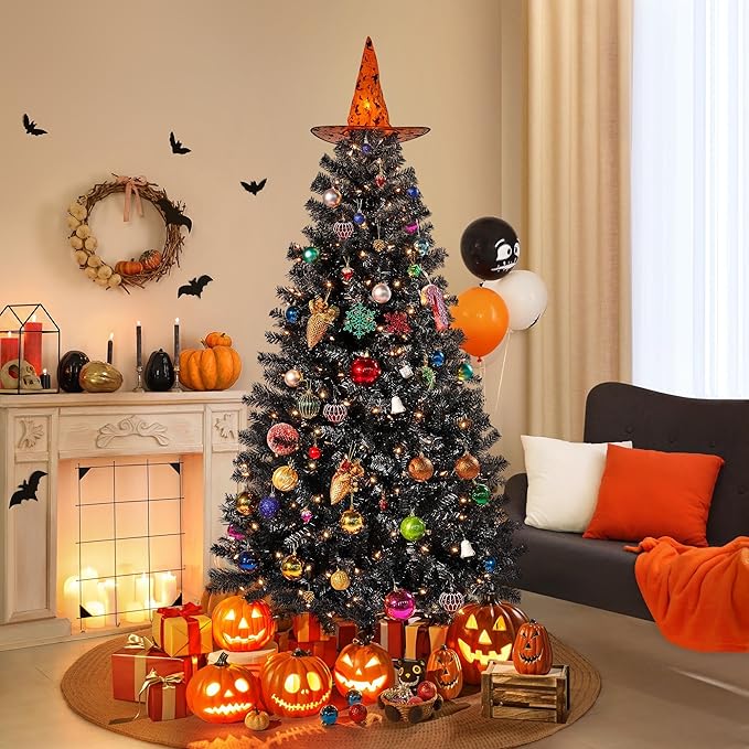 Yaheetech 6ft Pre-lit Halloween Black Spruce Artificial Hinged Christmas Pine Tree Prelighted Xmas Tree for Home Party Holiday Decoration with 300 Clear Warm White Lights and 818 Branch Tips, Black