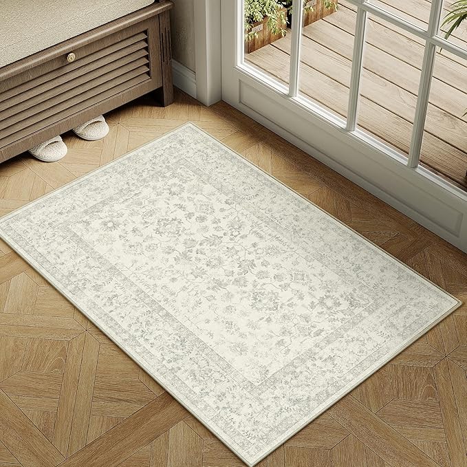 2x3 Grey Entryway Area Rug Machine Washable Door Mat Kitchen Vintage Distressed Non Slip Carpet Indoor Retro Floral Accent Throw Small Rug for Bathroom Office Bedroom Living Dining Room