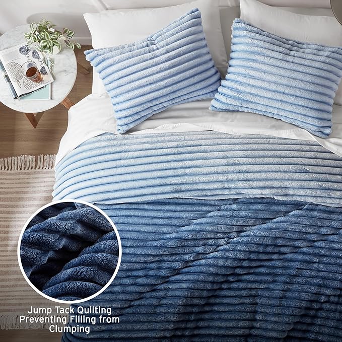 Intelligent Design King Comforter Set, Plush Bedding, Microfiber Reverse, 3 Piece, Lightweight, Super Soft Ribbed Velvet Comforter 2 Shams, All Season Fluffy Bed Set, Avril, King/Cal King Blue Ombre