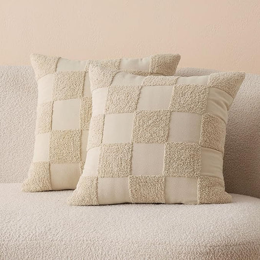 Double Stitch Checkered Throw Pillow Covers - 100% Cotton Set of 2 Tufted Boho Decorative Pillow Covers 18x18, Made in India, Square Cushion Case, Modern Home Decor for Couch, Sofa, Living Room, Oat