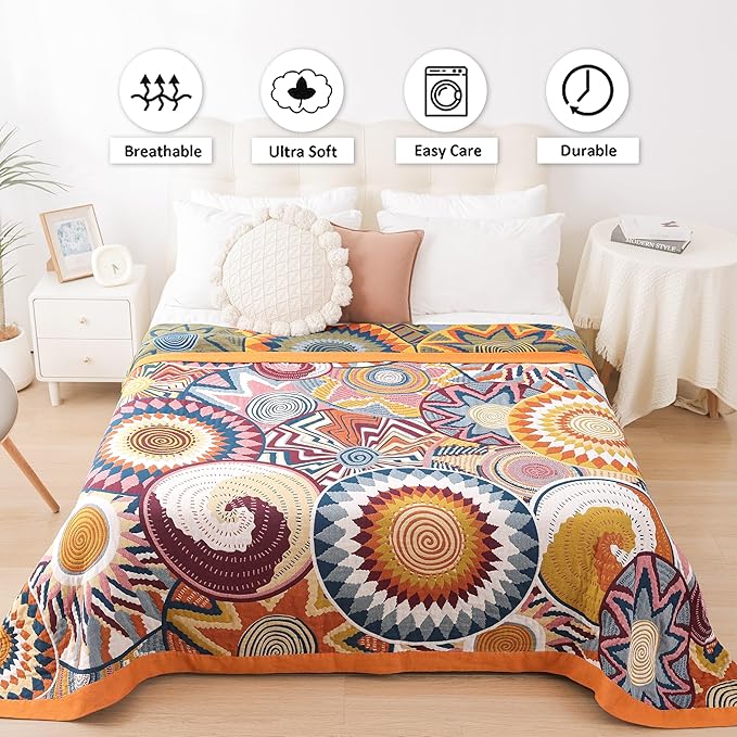 Boho Throw Blanket, 100% Organic Muslin Cotton Skin-friendly Breathable Ultra Soft Bed Quilt Throw - All Season Bohemian Decor Luxury Colorful Blanket for Sofa Couch Chair and Gift. 91" x 98"