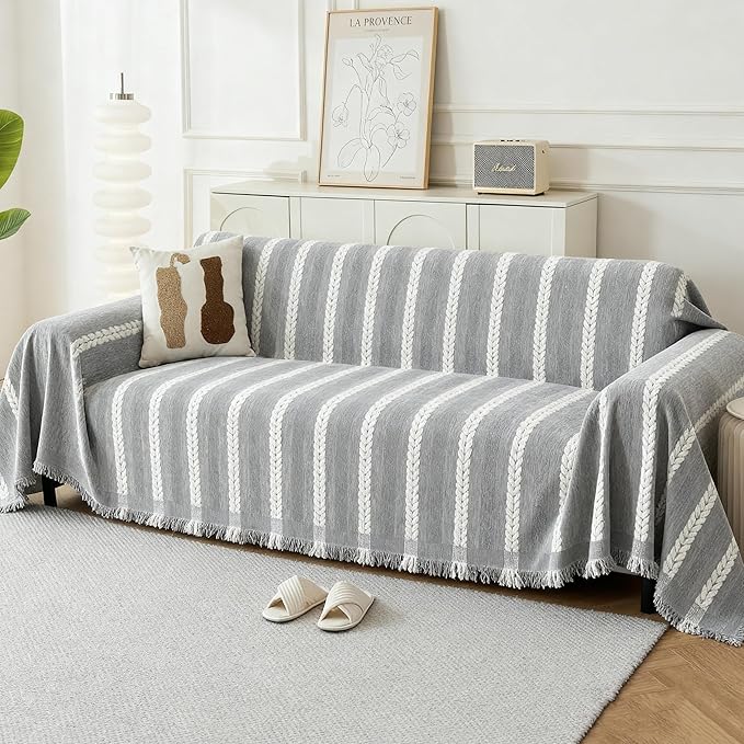 Couch Cover for Dogs, Boho Sofa Covers for 2 Cushion Couch, Chenille Sofa Slipcover for Pets Washable, L-Shape Sectional Loveseat Cover Soft Throw Blankets with Tassels(71x102,Striped Grey)