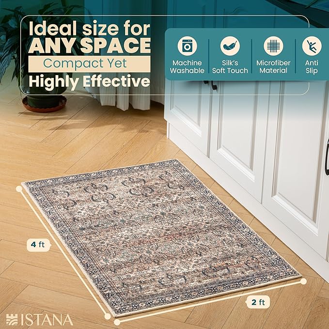 Istana Area Rug 2x4 - Olive & Charcoal 2x4 Washable Rug Non Slip - Pet Friendly Living Room Rug - Non Shedding Washable Rugs for Bedroom - Foldable Bathroom Rugs
