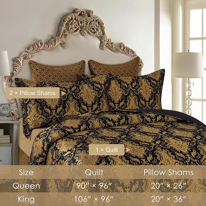 Loom and Mill Luxury Quilt Set 3 Piece, Classic Damask Quilted Bedspread Queen Size with 2 Shams, Soft Lightweight Jacquard Bedding Coverlet Set for Halloween Christmas All Season (Black, Queen)