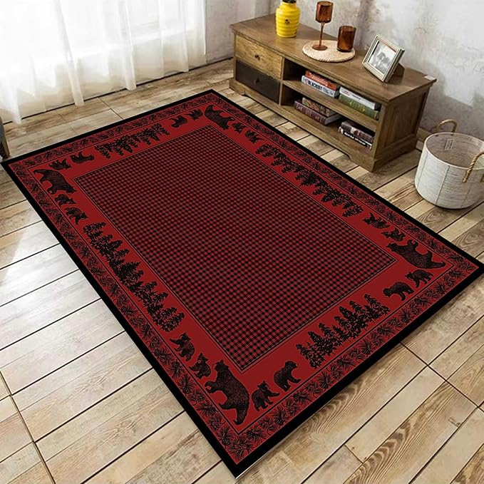 Red and Black Buffalo Plaid Area Rugs, 6x8ft, Rustic Cabin Wildlife Bear Pine Cone Border Accent Rug, Vintage Nordic Lodge Red Floor Rug Non-Skid Carpets for Living Room Bedroom Home Decor